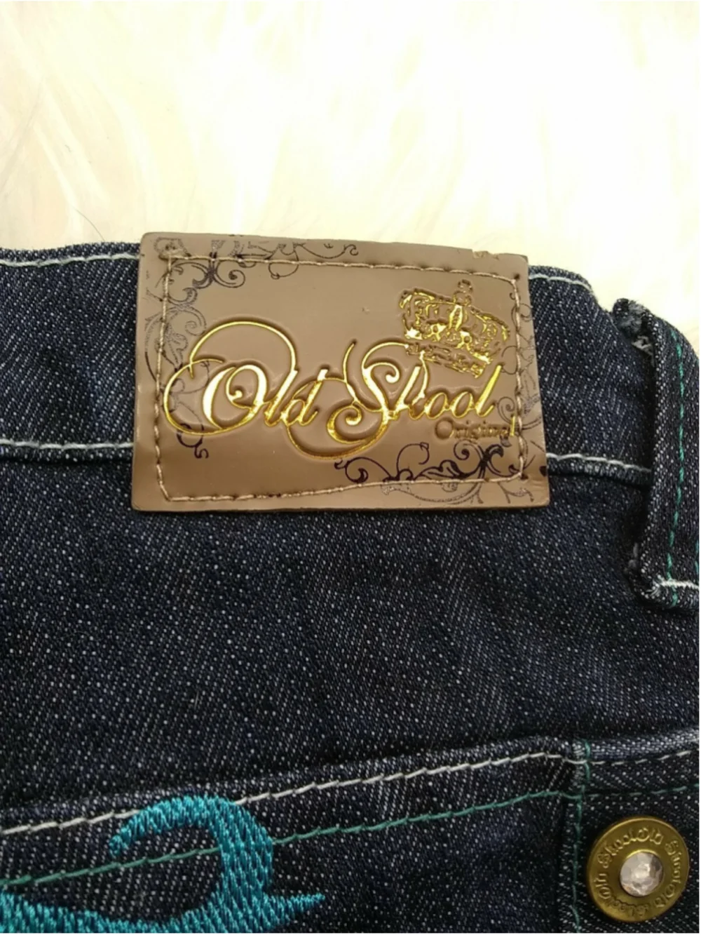 OLD SKOOL Womens Juniors Denim Jeans SIZE 15 Embellished Teal & Gray Stitching - Picture 5 of 12